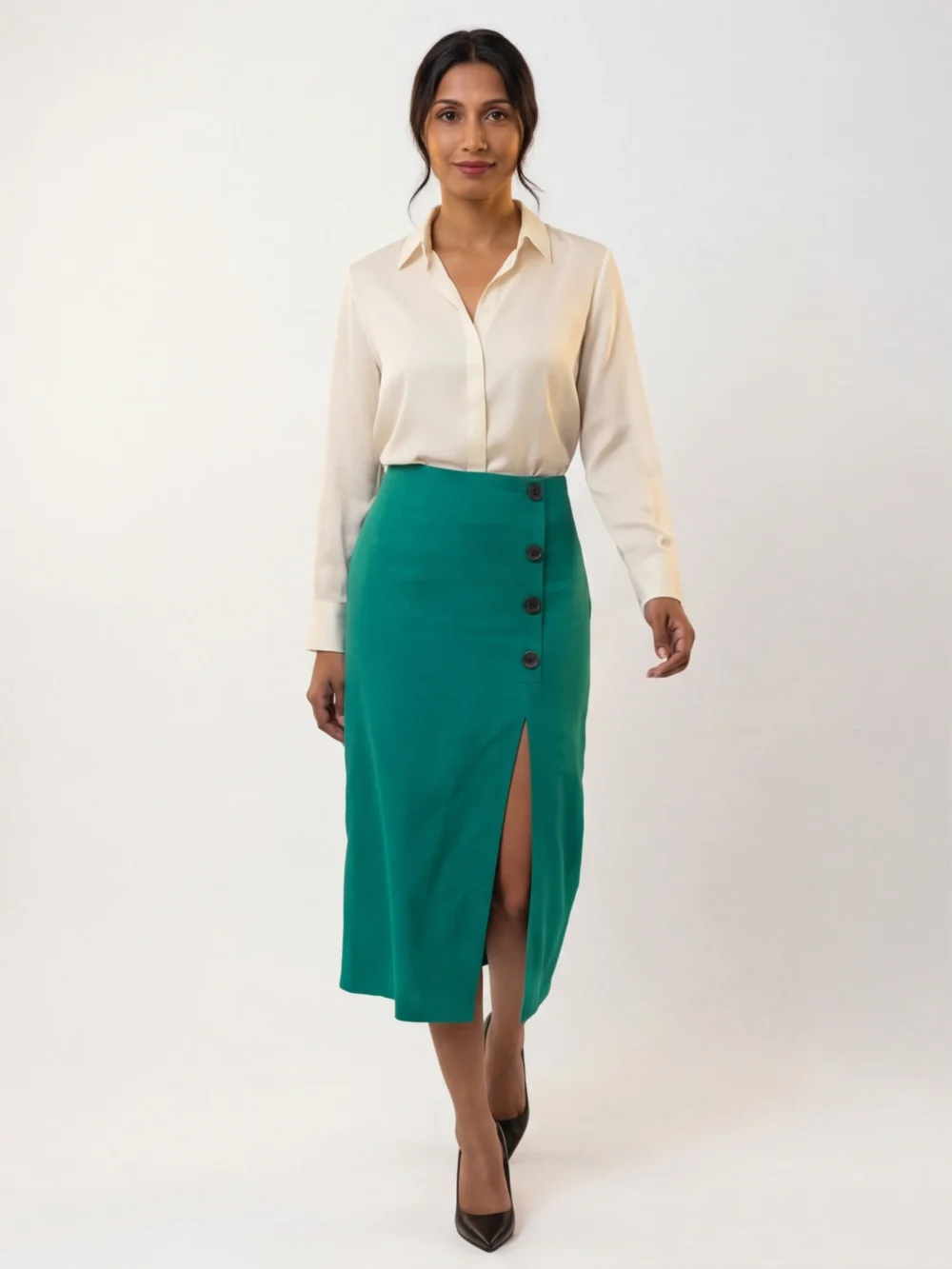 Emerald Button Front Midi Skirt