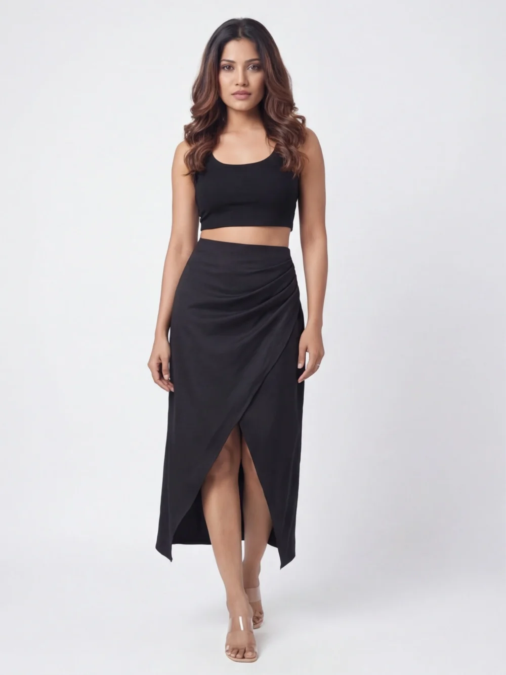 Midnight Ruched Wrap Midi Skirt
