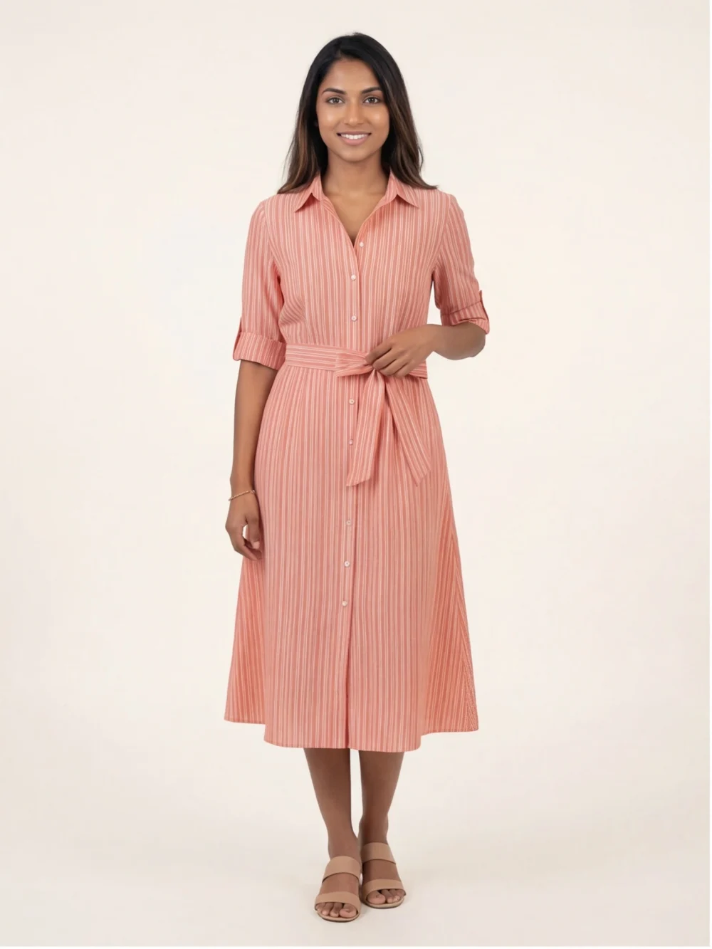 Striped Belted Shirt Midi Dress