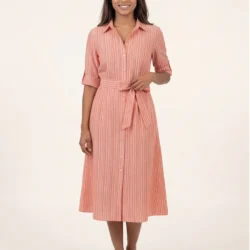 Striped Belted Shirt Midi Dress