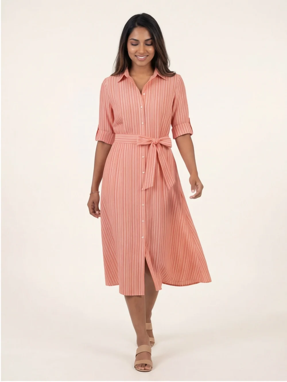 Striped Belted Shirt Midi Dress
