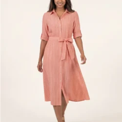 Striped Belted Shirt Midi Dress