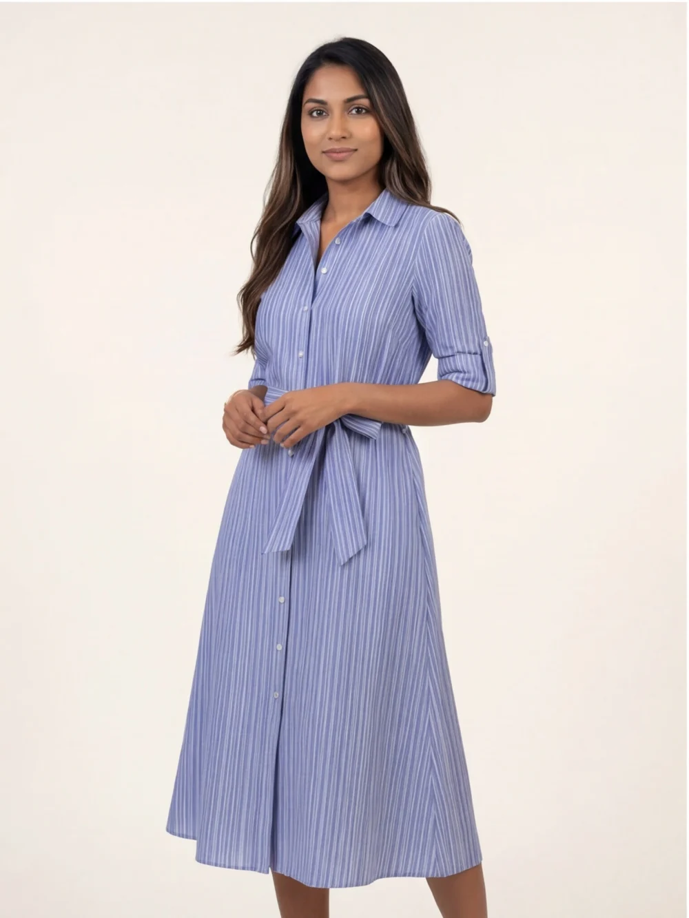Striped Belted Shirt Midi Dress