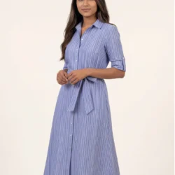 Striped Belted Shirt Midi Dress